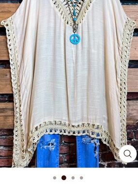 Cream Crochet-Trim Tunic Top - Boho V-Neck